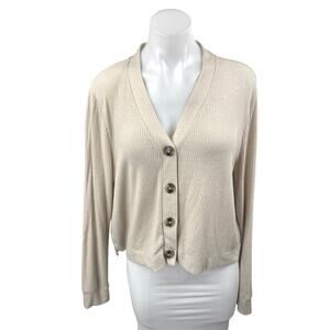 Ann Taylor LOFT Women's Cream Rib Knit V-neck Button Up Cardigan Sweater Top L